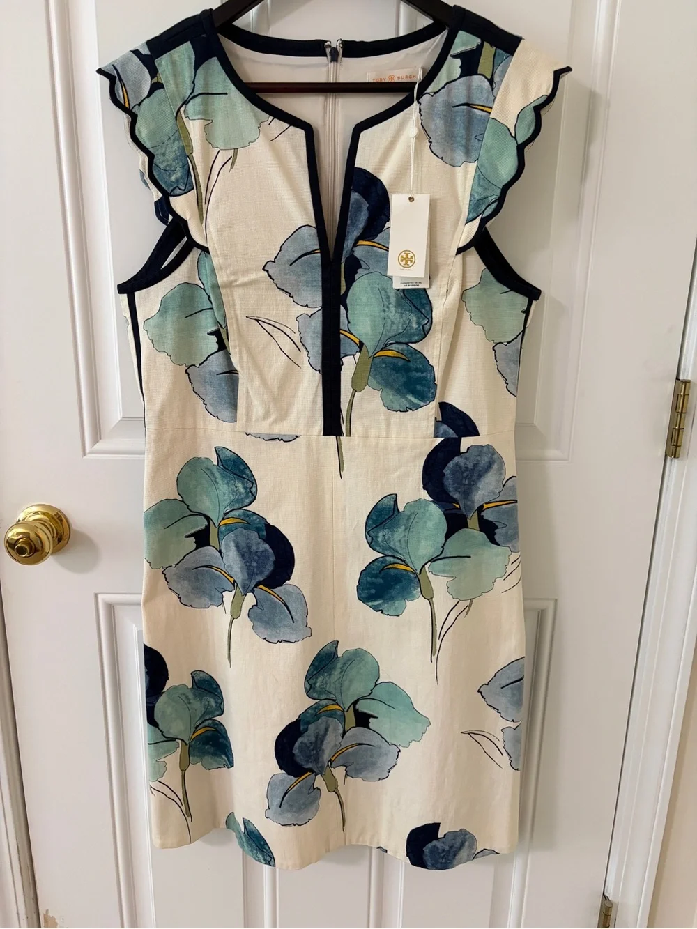 Tory Burch Cream Floral Mini Dress with Navy Trim
